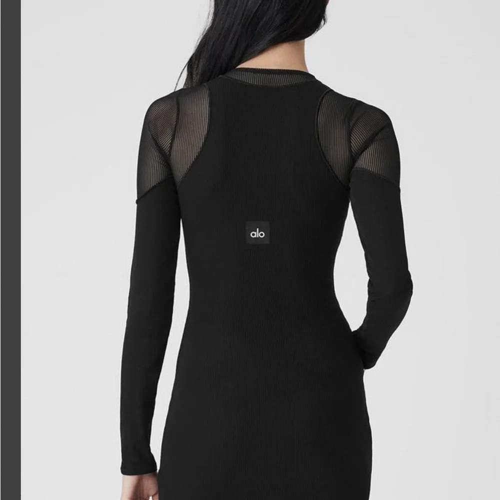 Alo Yoga Striped Mesh Synergy Long Sleeve Dress.